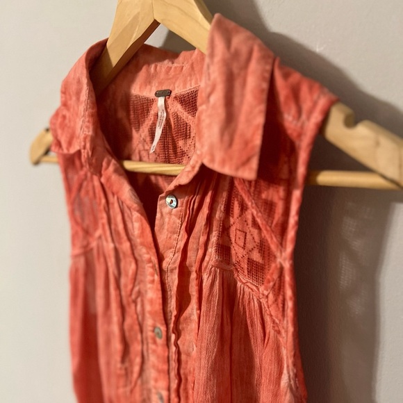 Free People Gauze Acid Wash Tie Dye Tunic Top Coral Boho Size XS Lace Collared - Picture 4 of 7